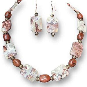Jasper Beads Jewelry Set Necklace & Dangle Wide Earrings Multi-Shape